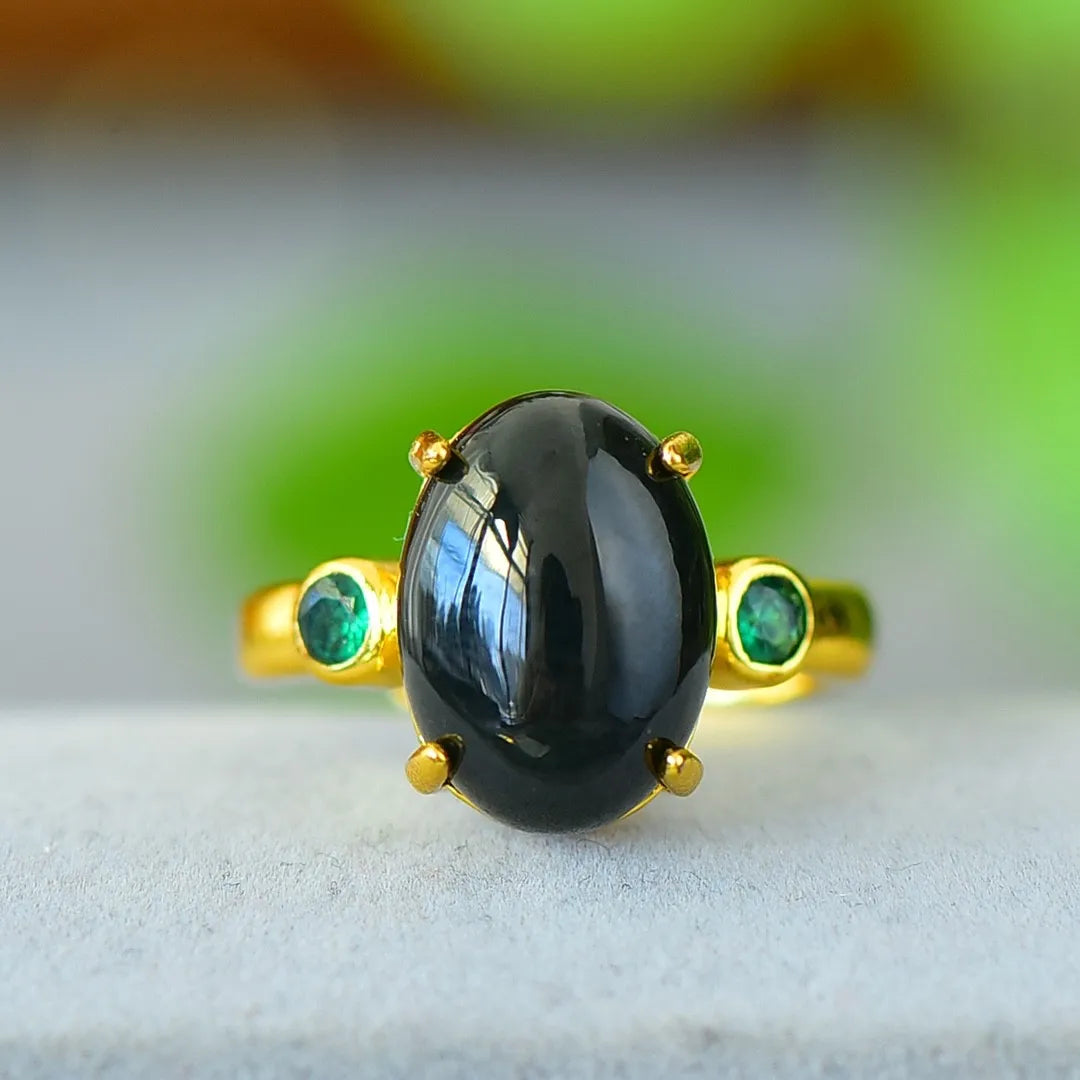 Natural Black Jade Ring Women Healing Gemstone Fine Jewelry Genuine Hetian Jades Nephrite Green Zircon Jadeite Rings Adjustable