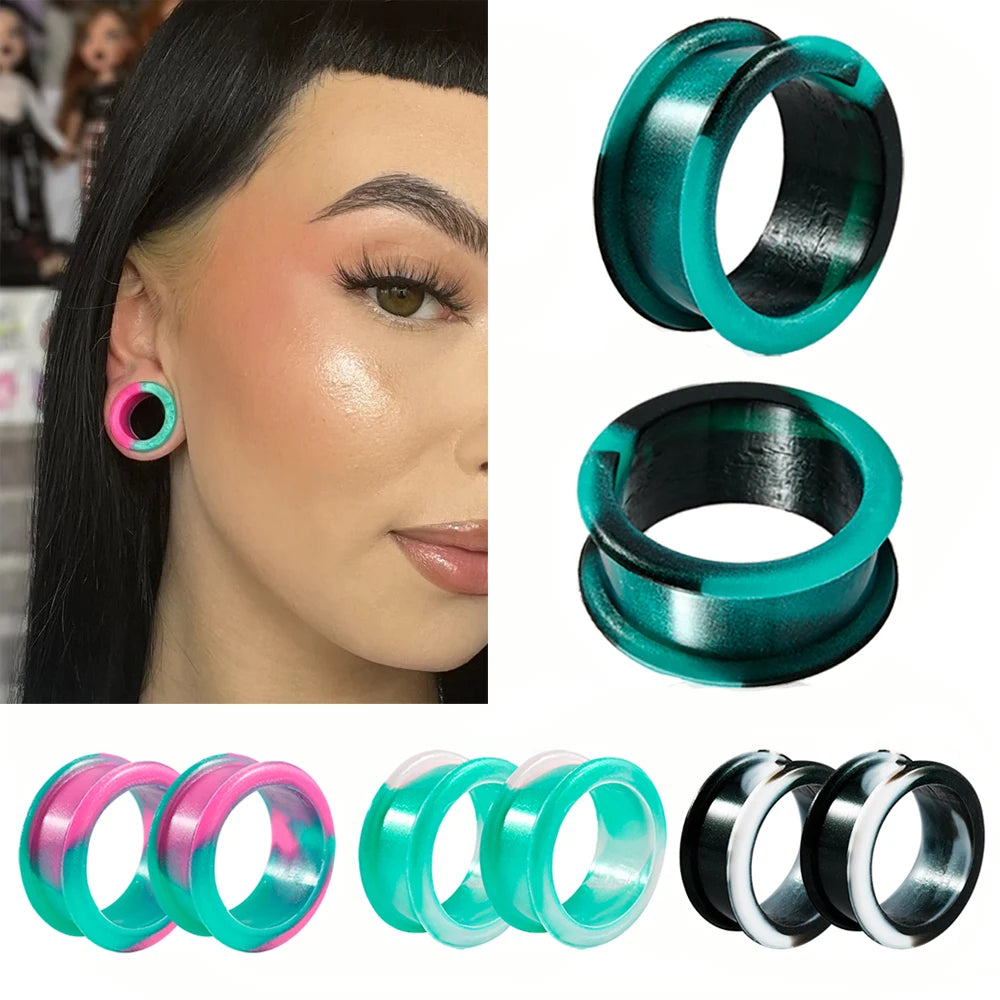 1Pair Uneven Colored  Marble Color Thick Silicone Ear Tunnel Earrings Expander Double Flared Gauges  Plug Piercing  8mm-38mm