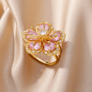 Pink Zircon Flower Rings for Women Gold Color Stainless Steel Ring 2024 Trend Elegant Floral Luxury Aesthetic Jewelry anillos