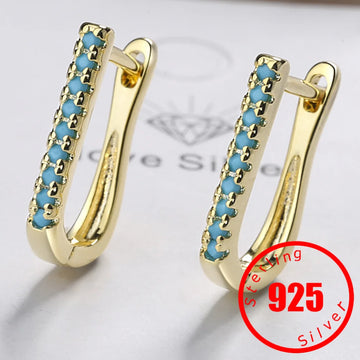 Vintage Natural Turquoise Hoop Earrings Solid Stamp 925 Sterling Silver Luxury Trendy Earring For Women Wedding Jewelry