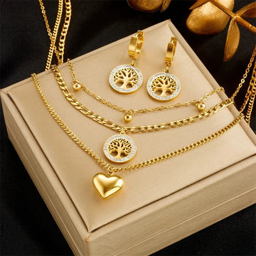 3PCS Set Heart Tree Pendant Necklace Bracelet Earring Set Gold Plating Big Heart Pendant Lucky Tree Crystal Jewelry Set