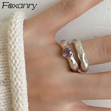 Foxanry Minimalist Silver Color Engagement Rings for Women New Trendy Elegant Pink Zircons LOVE Heart Wedding Party Jewelry Gift