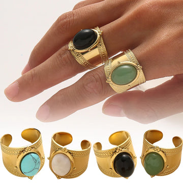 Vintage Turquoise Natural Stone Wide Open Rings for Women Adjustable Gold Plated Stainless Steel Rings Female Jewelry Gifts