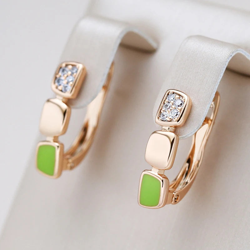 Kinel New Fashion 585 Rose Gold Color Green Enamel Drop Earrings For Women Girl Wedding Party Natural Zircon Eardrop Jewelry