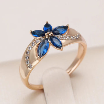Kinel New Blue Natural Zircon Ring for Women 585 Rose Gold Flower Rings Vintage Ethnic Bride Wedding Jewelry Party Accessories