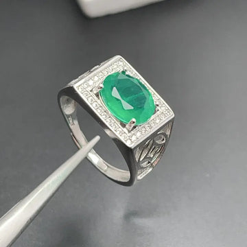 Lab Created Emerald Color Germstone Ring for Men 8mm*10mm Man Made Crystal Silver Ring with Gold Plated 925 Silver Men Jewelry