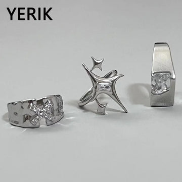 Y2K Accessories Shiny Star Cross Irregular Crystal Rings for Women Unisex Couple Engagement Ring Party Creative Metal Jewelry