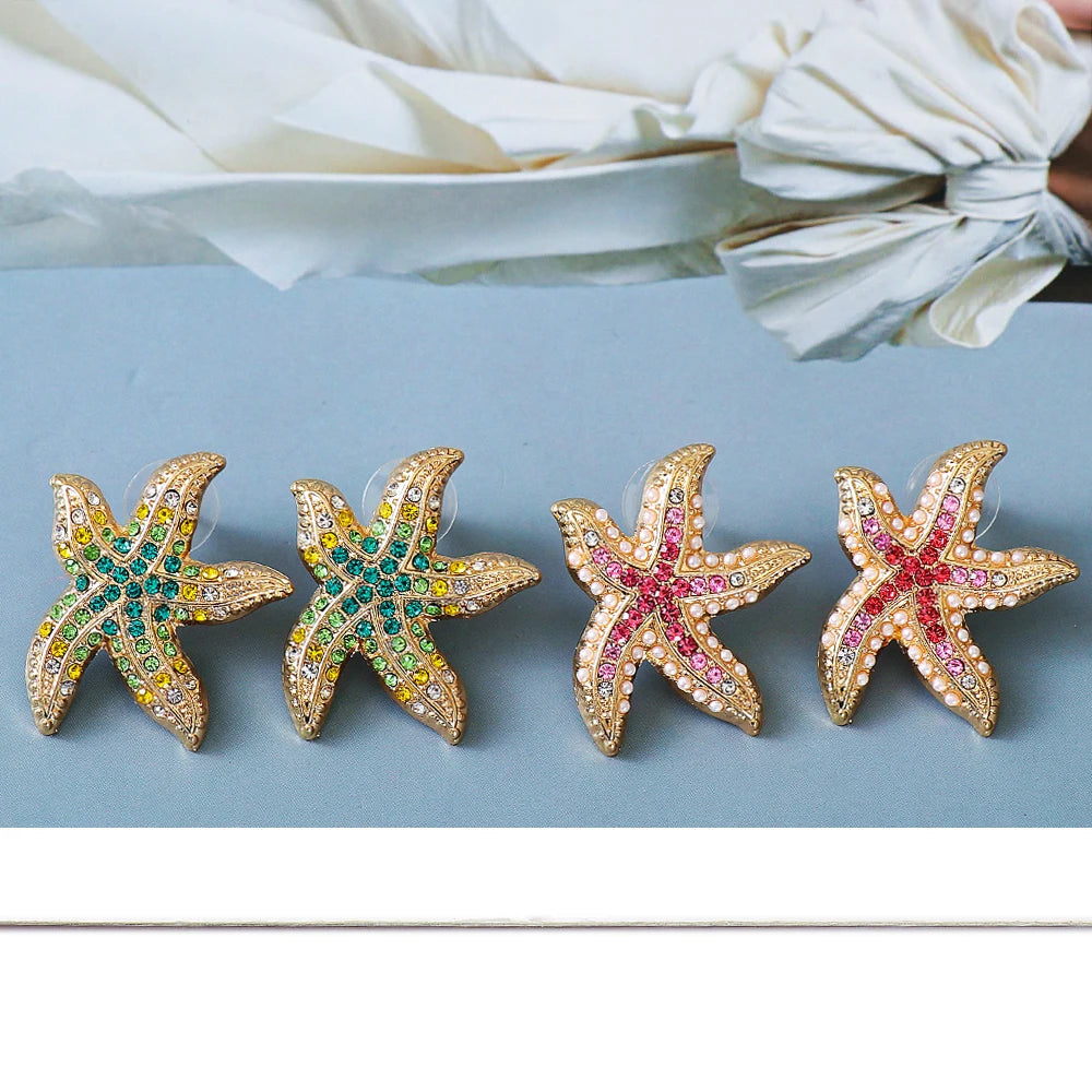 Trendy Colorful Starfish Dangle Earrings Cute Personality Rhinestone Earrings for Teens Luxury Jewelry Summer Party Gifts 2024