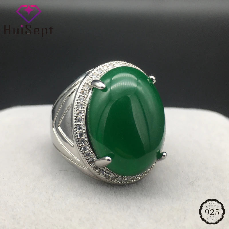 HuiSept Vintage 925 Silver Ring Jewelry for Women Men Oval Shaped Emerald Zircon Gemstone Rings Ornament Wedding Party Wholesale