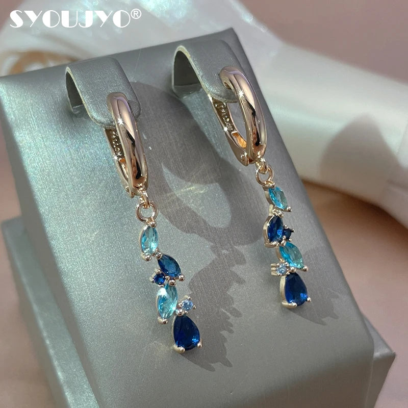 SYOUJYO New 585 Rose Golden Earrings For Women Luxury Blue Natural Zircon Leaf Long Dangle Earrings Wedding Jewelry