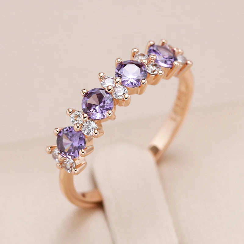 Kinel Hot Sparkling Purple Natural Zircon Ring For Women 585 Rose Gold Color Round Matching Wedding Band Daily Fine Jewelry