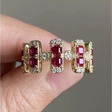 Exquisite Square Geometry Gold Color Rings for Women Fashion Metal Inlaid Red White Stones Ring Jewelry