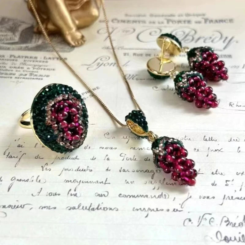 3 in 1 Natural Garnet Gemstone Dangle Earring Charm Necklace Rings Jewelry Set for Women Grape Rhinestone Crystal18K Gold Color