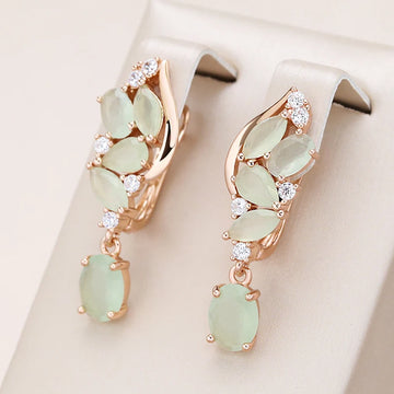 Kienl New 585 Rose Gold Color Long Earring for Women Luxury Green Natural Zircon Flower Drop Earring High Quality Daily Jewelry