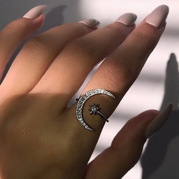 Zircon Moon Star Ring For Women Stainless Steel Silver Color Adjustable Finger Ring Wedding Aesthetic Jewelry Gift Bijoux Femme