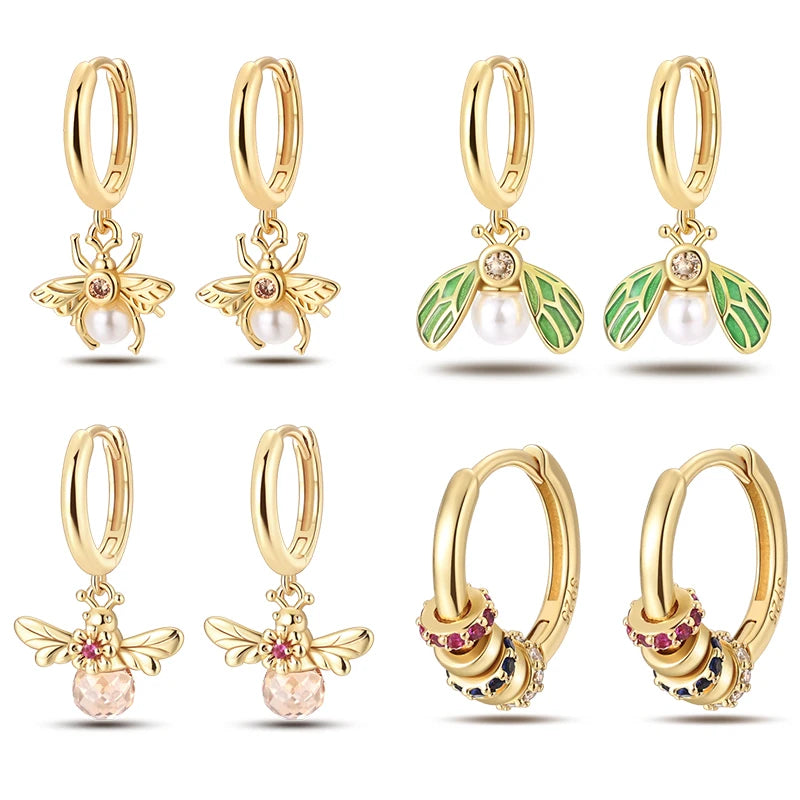 Classic 925 Sterling Silver Gold Color Bee Pendants Insect Earrings For Women Stars Earrings Luxury Wedding Engagement Jewelry
