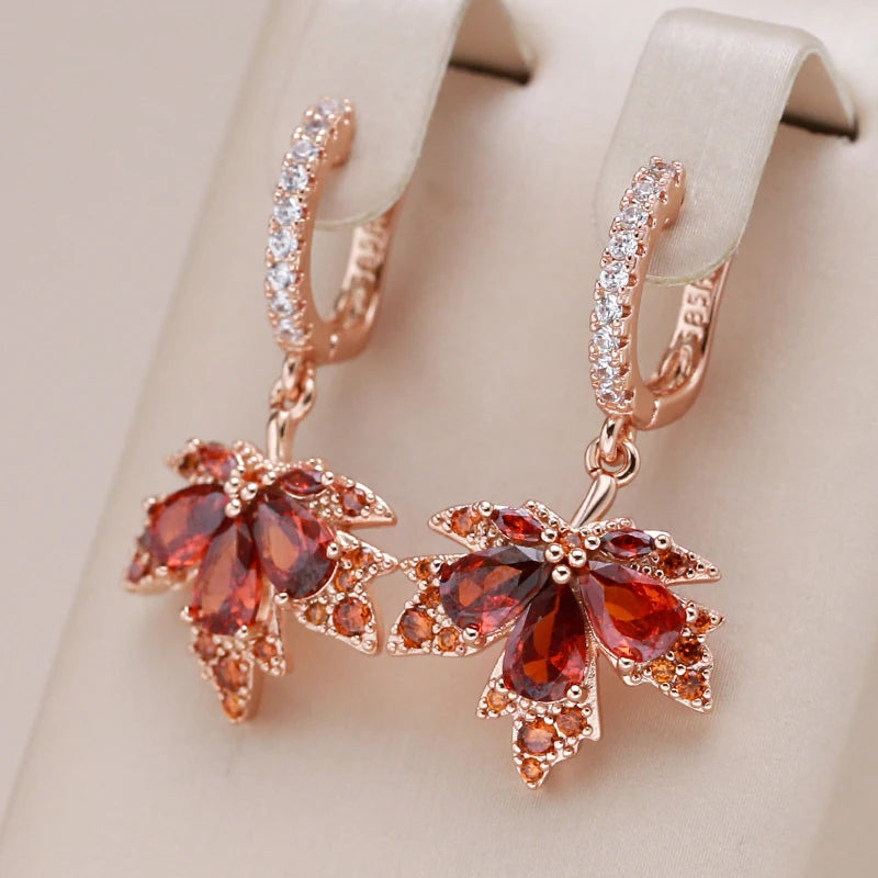 Kinel Original Design Shiny Red Natural Zircon Maple Leaf Earrings For Women Fashion 585 Rose Gold Color Fall Daily Fine Jewelry