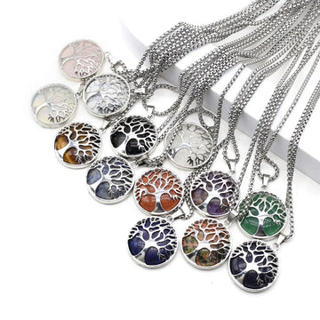 2pcs/Set Natural Stone Alloy Hollowed Out Tree of Life Pendant Crystals Quartz Charms for Jewelry Making DIY Necklace Accessory