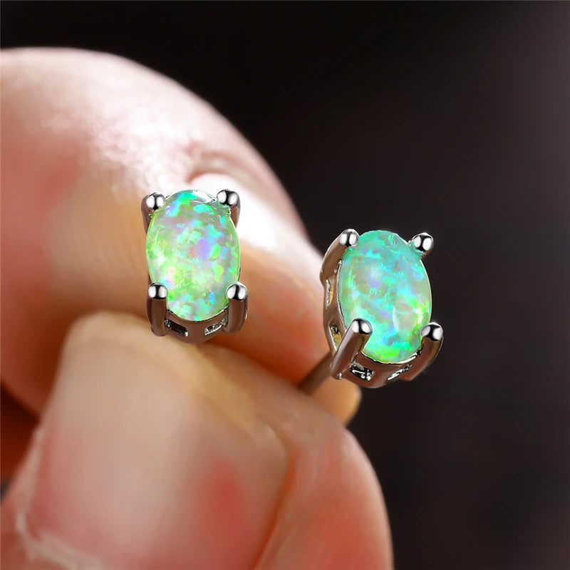 Silver Color Cute Oval Green Opal Stone Stud Earrings for Women Dainty Classic 4 Claws Natural Fire Opal Stone Students Earrings