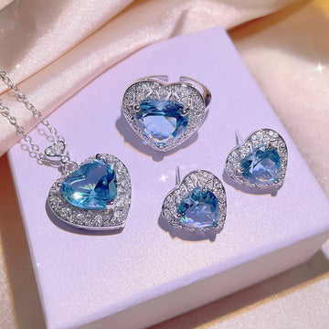 Hot Aquamarine Topaz Colored Gemstone Open Ring Women 925 Stamp Temperament Heart-shaped Pendant Necklace Set Party Wedding Gift