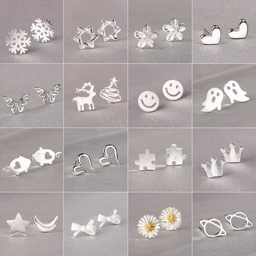 925 Silver Needles Lovely Mini Stud Earrings Women Cute Heart Star Moon Daisy Christmas Xmas Planet Butterfly Ear Studs