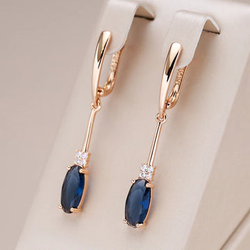 Kinel Unusual Shiny Oval Blue Natural Zircon Long Dangle Earrings for Women Luxury 585 Rose Gold Wedding Party Daily Jewelry