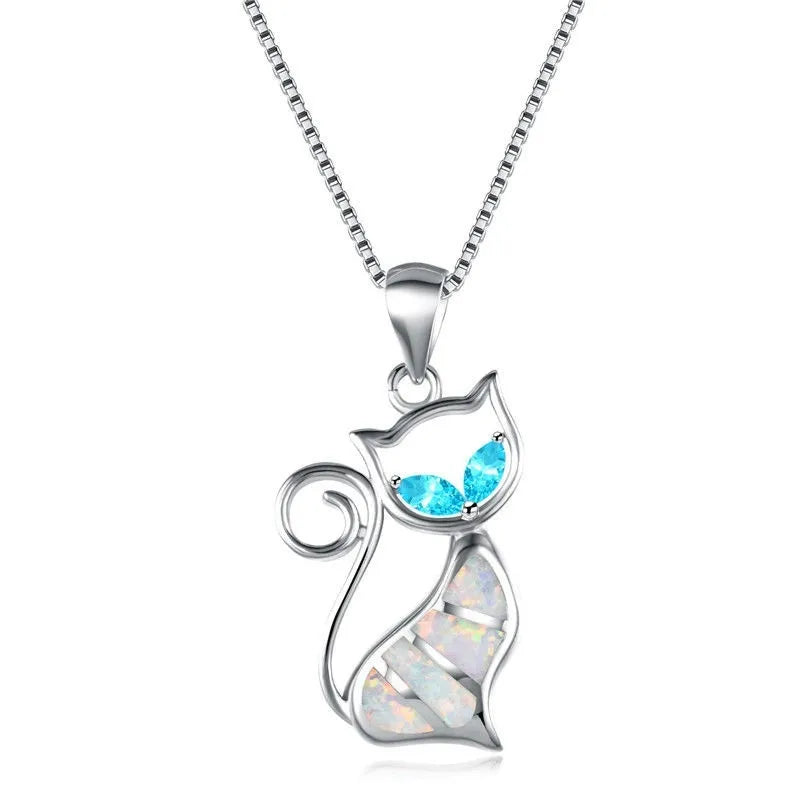 Elegant Fashion White/Blue Fire  Opal Cat Pendant Necklace Women Jewelry Gifts