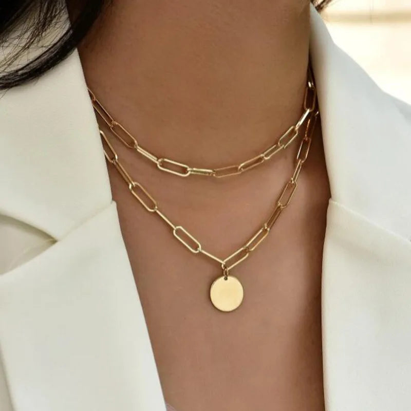 Boho Choker Necklaces Gold Color Round Coin Pendant Necklace Square Shaped Link Chain Double Layered Necklaces Set For Women