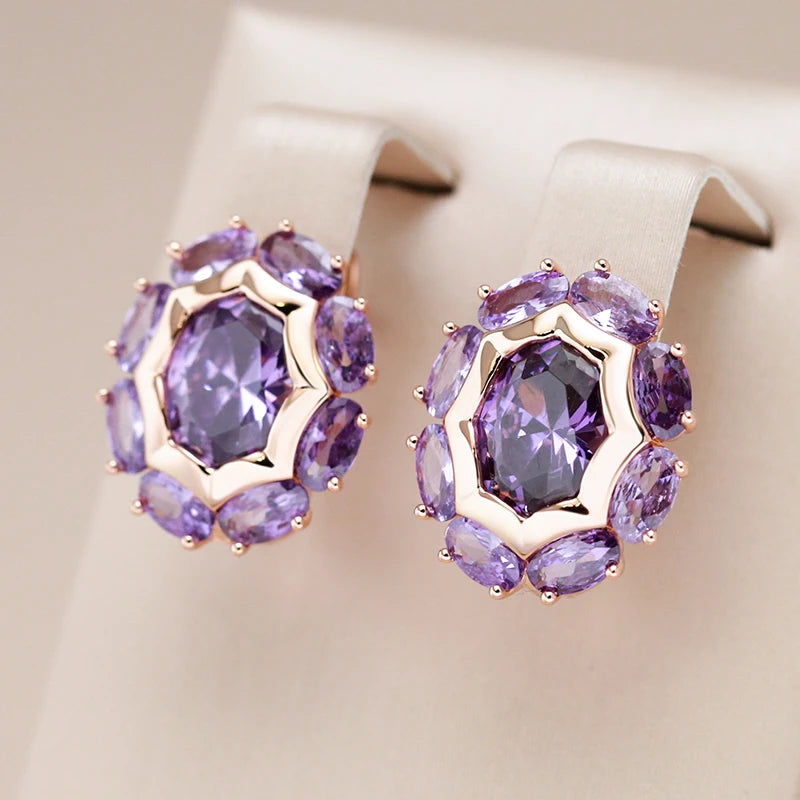 Kinel  Unusual Sparkling Oval Purple Natural Zircon English Earrings for Women Luxury 585 Rose Gold Color Party Daily Jewelry