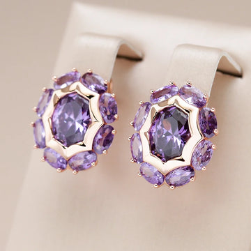 Kinel  Unusual Sparkling Oval Purple Natural Zircon English Earrings for Women Luxury 585 Rose Gold Color Party Daily Jewelry