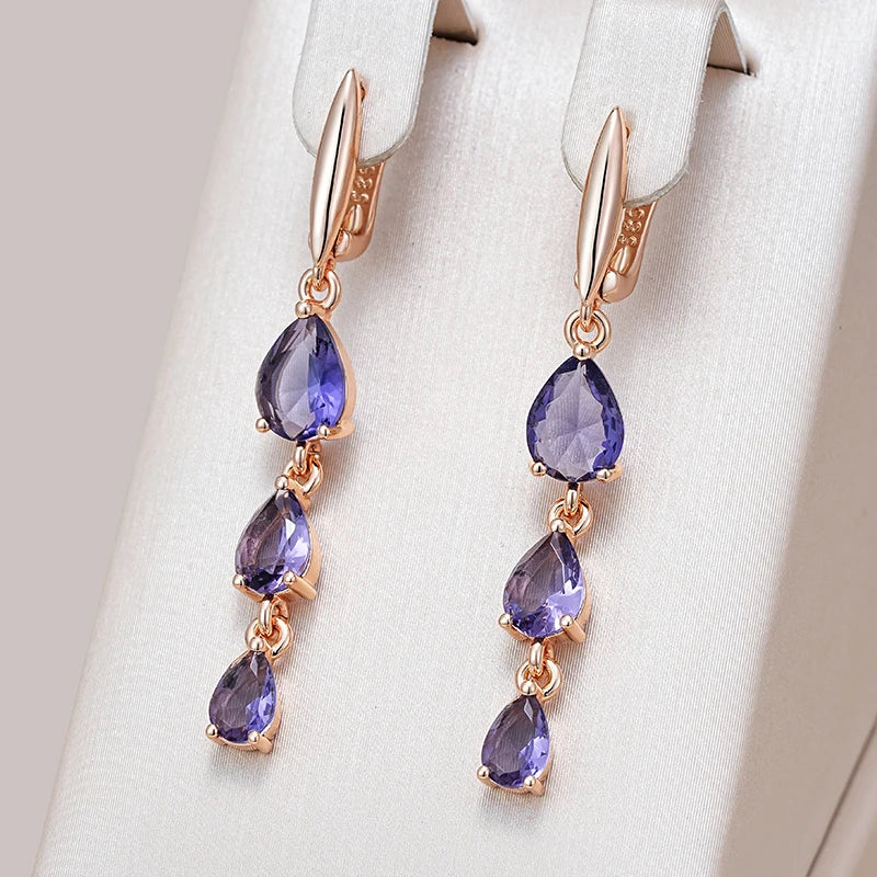 Kinel Hot Shiny Purple Natural Zircon Drop Earrings For Women Trend 585 Rose Gold Color Bride Wedding Fine Jewelry Crystal Gift