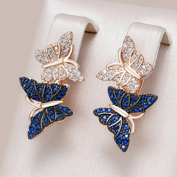 Kinel Hot Blue Natural Zircon Two Butterfly Drop Earrings For Women 585 Rose Gold and Black Plating Animal Daily Punk Jewelry