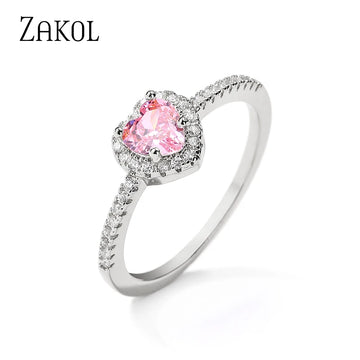 ZAKOL Romantic Pink Heart CZ Engagement Rings for Women Fashion AAA Cubic Zirconia Wedding Bands Jewelry RP2327