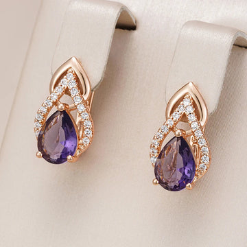 Kinel Sparkling Purple Water Drop Natural Zircon English Earrings Women 585 Rose Gold Vintage Wedding Party Fine Daily Jewelry