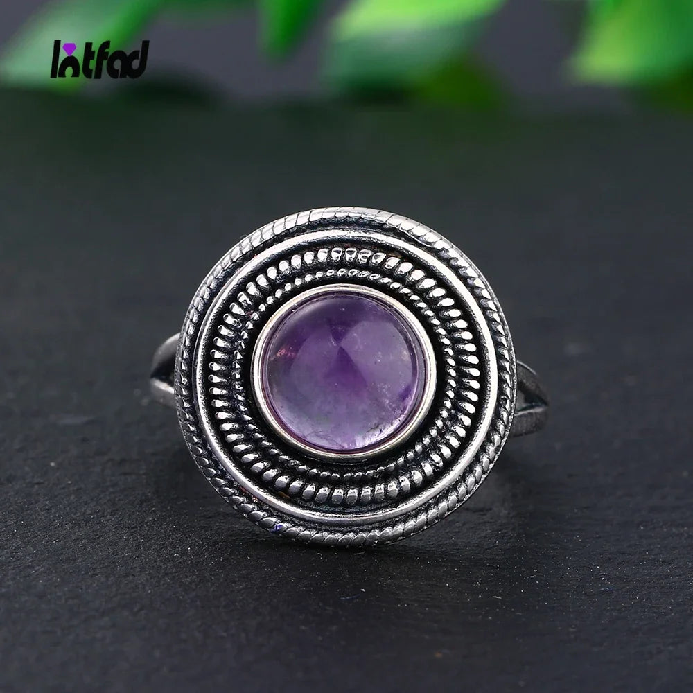 8MM Round Natural Amethyst Rings Women's S925 Sterling Silver Ring Gemstone Jewelri Wholesale Vintage Style Fine Jewelry