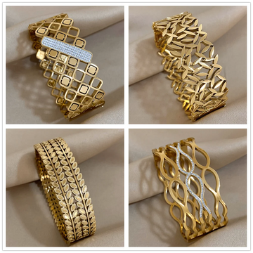 AENSOA Chunky Punk Gold Color Charm Leaf Wide Big Coin Stainless Steel Wide Bangle Bracelet for Women New Geometric Jewelry Gift