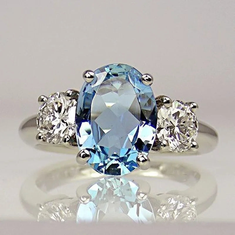 Atmospheric Fashion Women Oval Cut Natural Aquamarine High Quality Rings Bridal Princess Wedding Engagement Fine Jewelry