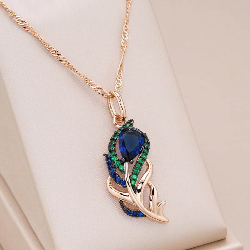 Kinel Hot Blue Natural Zircon Pendant Necklace For Women 585 Rose Gold and Black Plating Vintage Crystal Leaf Daily Fine Jewelry