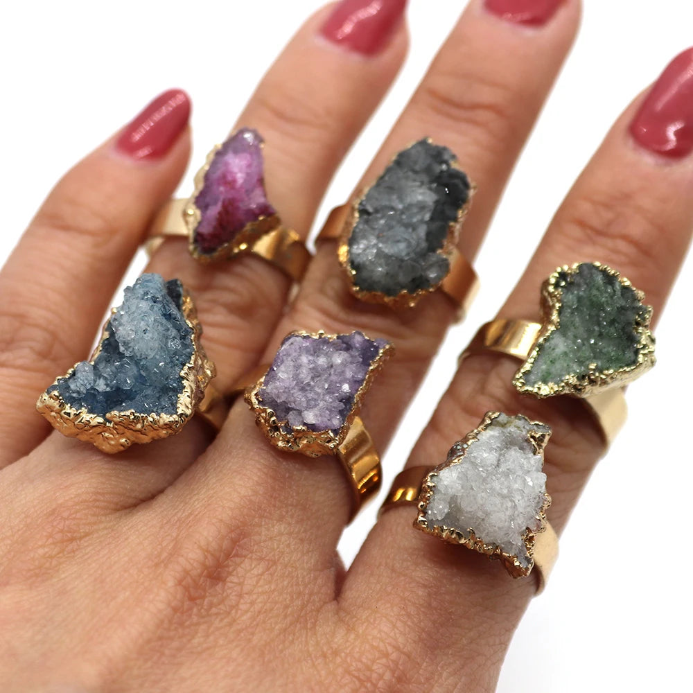 Natural Stone Quartz Crystal Rings Irregular Druzy Crystal Fashion Jewelry Adjustable Rings for Women Party Wedding Accessories