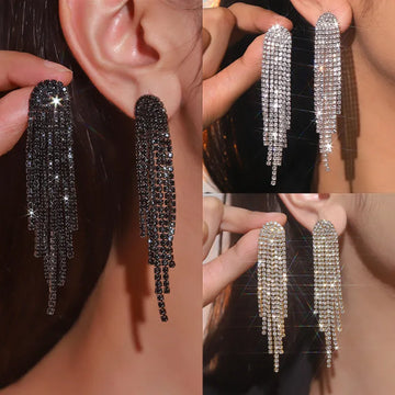 FYUAN Fashion Long Tassel Drop Earrings for Women Black Gold Silver Color Rhinestone Dangle Earring Wedding Party Jewelry