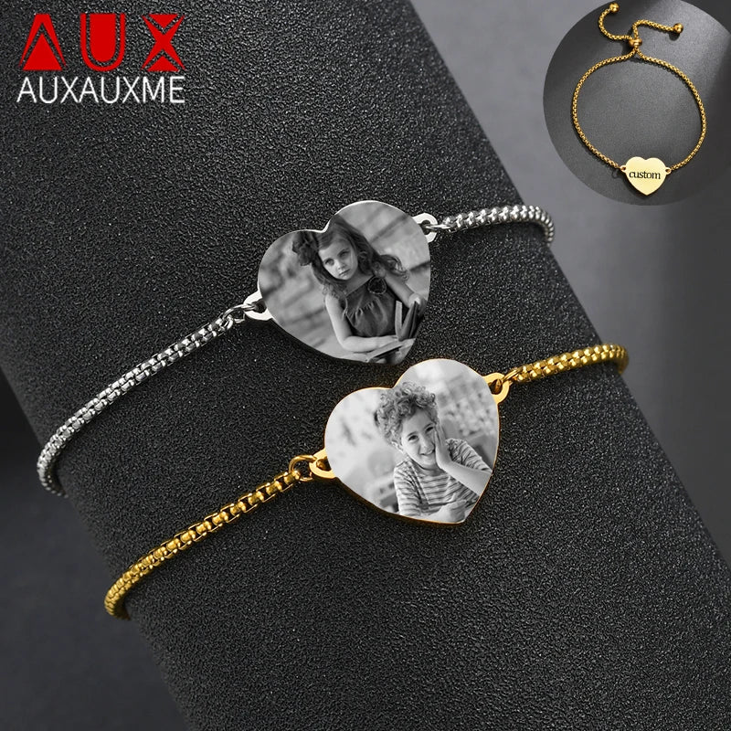 Auxauxme Custom Engrave Photo Name Heart Bracelet Stainless Steel Personalized Laser Engraved Logol Text Picture Bangle Jewelry