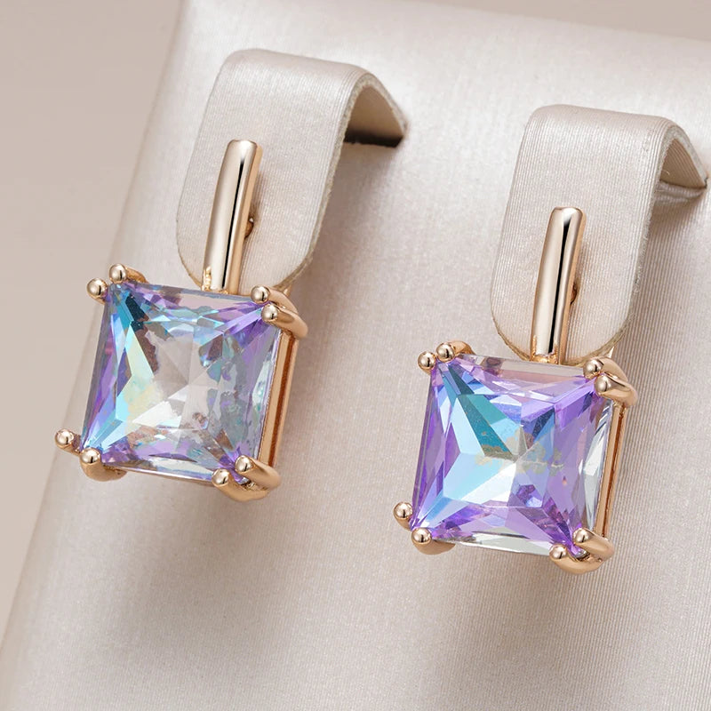 Kinel Hot Big Square Purple Natural Zircon English Earrings for Women 585 Rose Gold Wedding Ethnic Pattern Daily Fine Jewelry