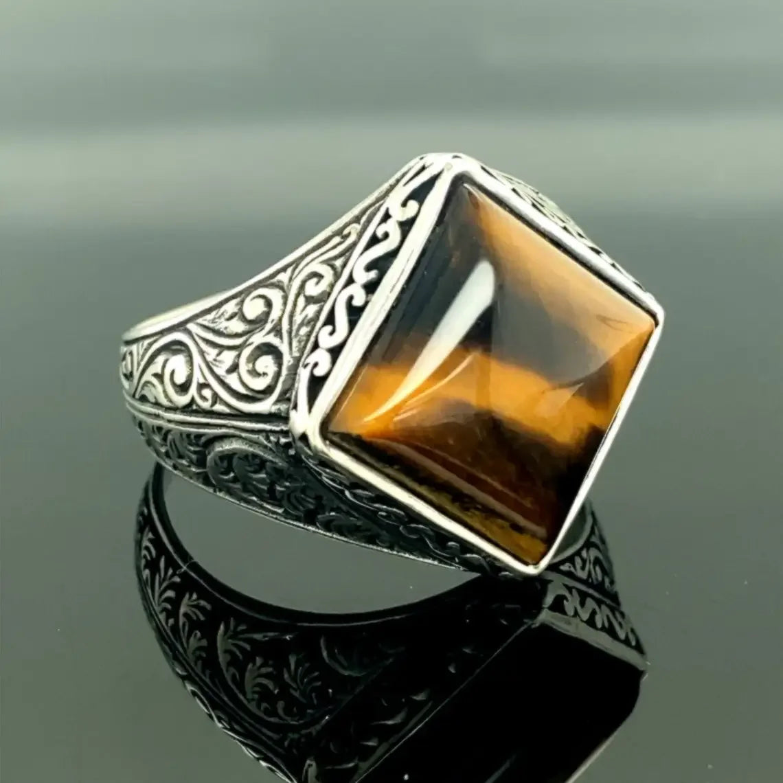 Vintage Boho Geometry Man Boy Indian Tribe Natural Tiger Eye Stone Ring Stainless Steel Jewelry Mens Accessories