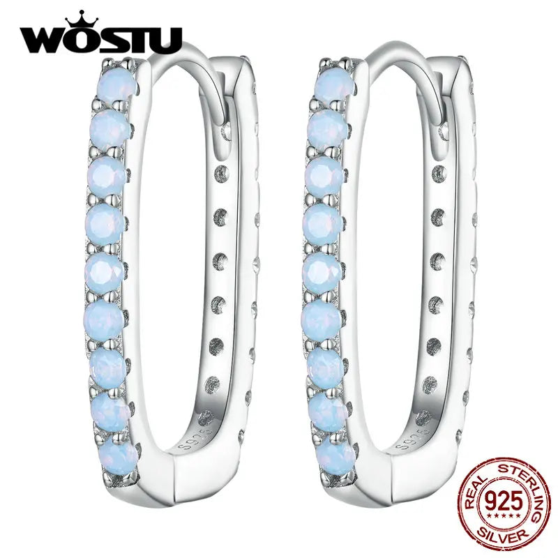 WOSTU Real 925 Sterling Silver Classical Roud Blue Fire Opal Hoop Wedding Earrings For Women Original European Simple Pendientes