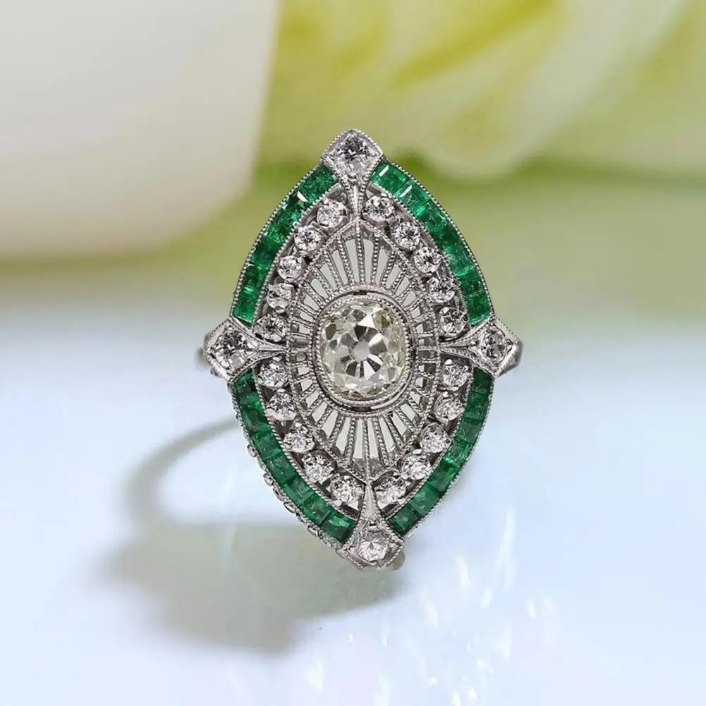 Anti-fade  Exquisite Emerald Faux Gemstone Finger Ring Fine Jewelry Gift Engagement Ring Two-tone   for Anniversary