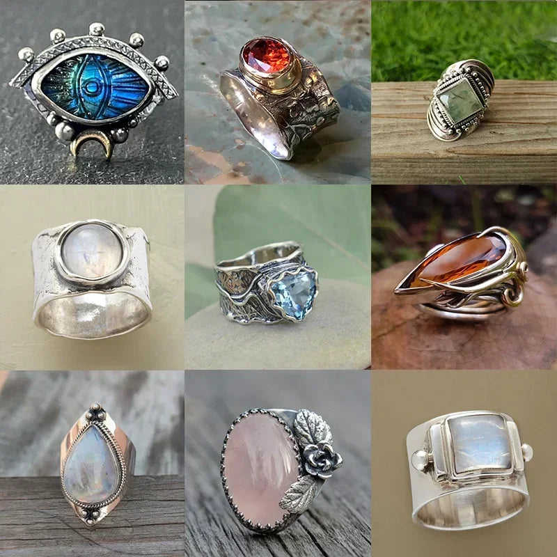 Vintage Tibetan Moonstone Big Healing Crystal Rings for Women Boho Antique Indian Moonstone Ring Fine Jewelry Girls Ladies Gifts