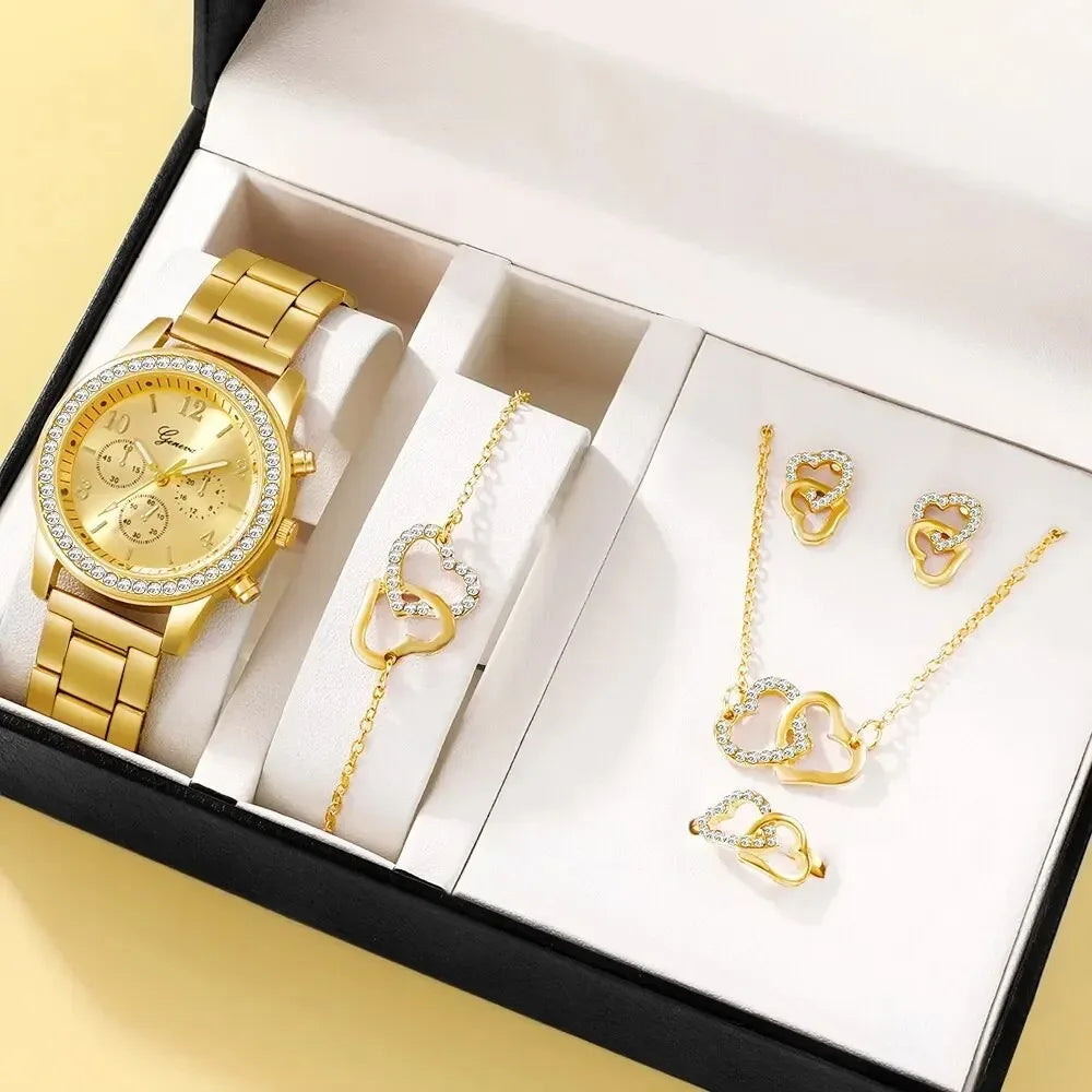 6PCS Set Rose Gold Luxury Watch Women Ring Necklace Earring Rhinestone Wristwatch Casual Ladies Bracelet Watches Reloj (No Box)