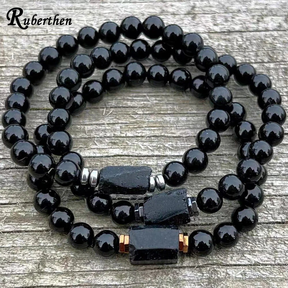 Ruberthen 6mm Natural Raw Black Tourmaline Gemstone Beaded Bracelet Negative Energy Chakra Wrist Malas