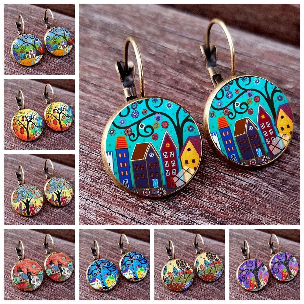 New Arrival Colorful House and Tree Women Stud Earring  Abstract Oil Painting House Glass Cabochon Womens Earrings  jewelry