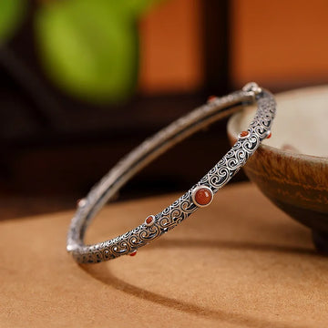 Ethnic style 925 silver vintage classic southern red tourmaline bracelet for women fine openwork bangles party jewelry